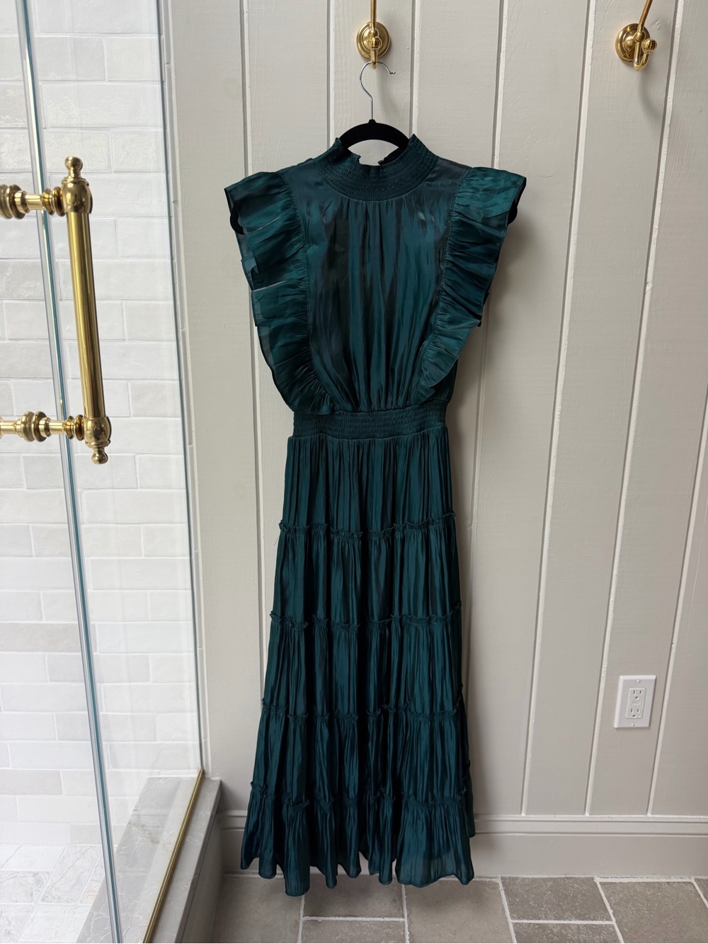 Ruffle-Shoulder High Neck, Tiered Maxi Dress